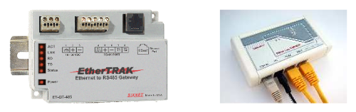 63. ábra Bal oldalon egy Ethernet-RS-485 hálózati átjáró, jobb oldalon pedig egy Ethernet-RS-485 konverter látható